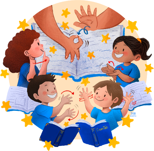 Niños y niñas se comunican en lengua de señas alrededor de un gran libro abierto, rodeados de estrellas.