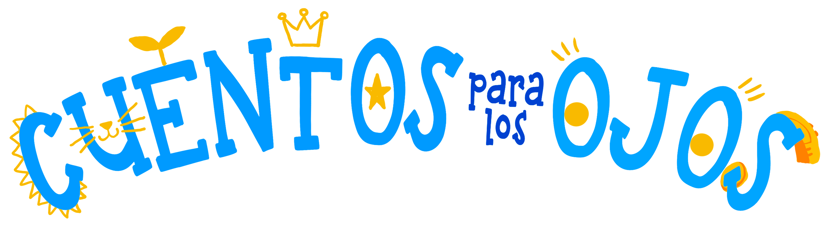Logo “Cuentos para los Ojos” Logo de “Cuentos para los Ojos”: letras en azul vivo con íconos visuales en amarillo que incluyen una corona, una estrella, un sol, una semilla y gestos de manos, representando literatura inclusiva en Lengua de Señas Chilena.